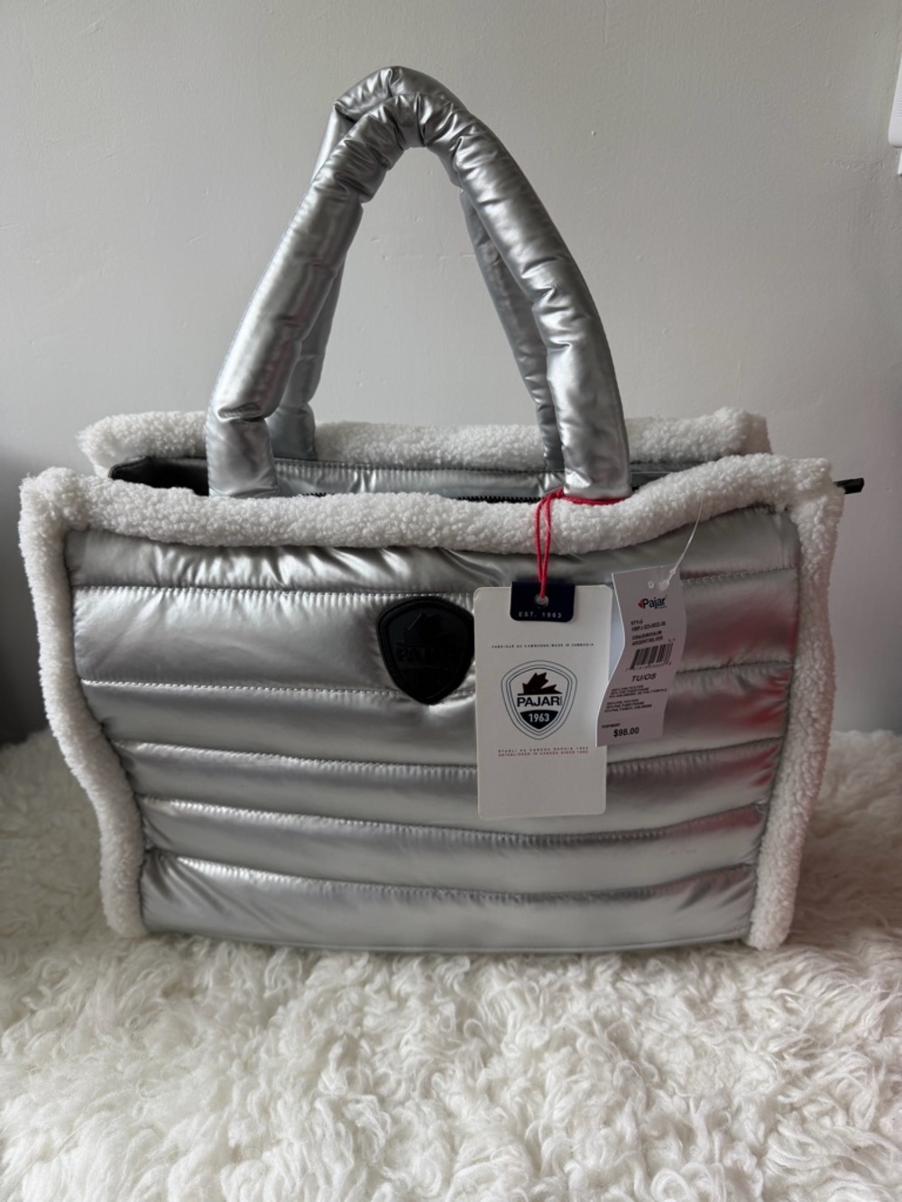 Pajar Silver Quilted Tote with White Shearling Trim